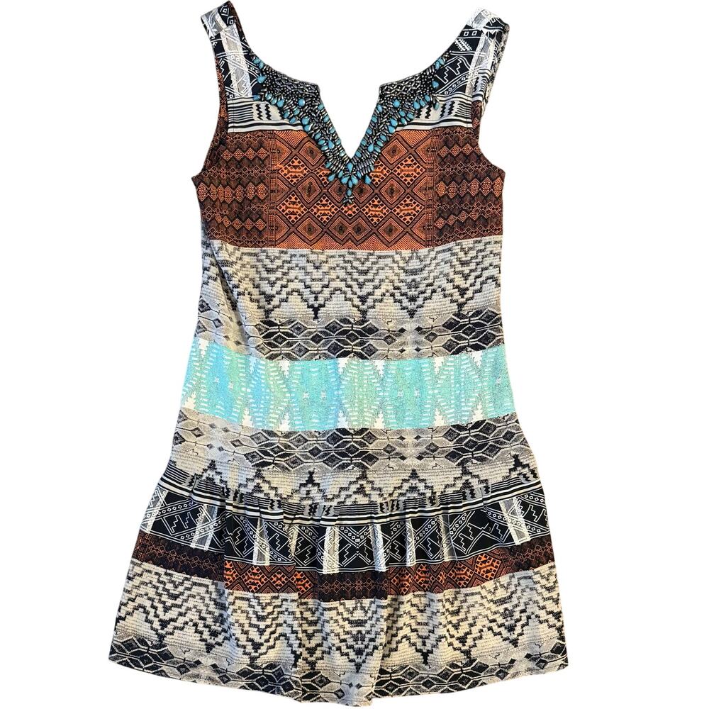 Slip Dress 100% Silk Bohemian Beaded Southwestern V Neck Cynthia Vincent Small